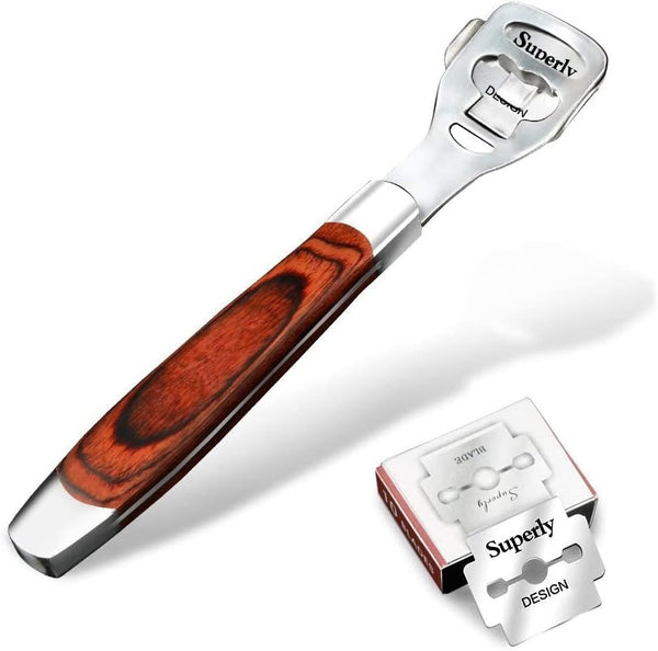 Stainless Steel Callus Shaver Pedicure Dead Skin Remover, Heel Razor with Wooden Handle & 10 Blades