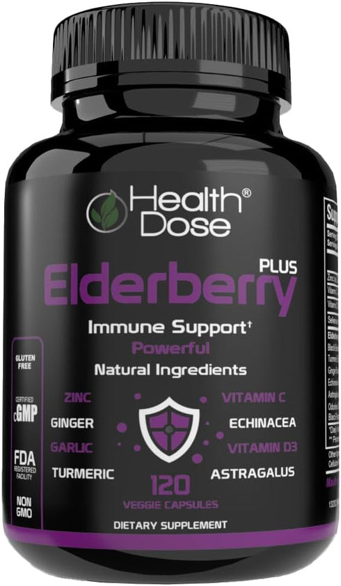 Elderberry Plus Capsules – Immune Support Supplement with Vitamins C, D3, Zinc, Selenium, 120 Veggie Capsules