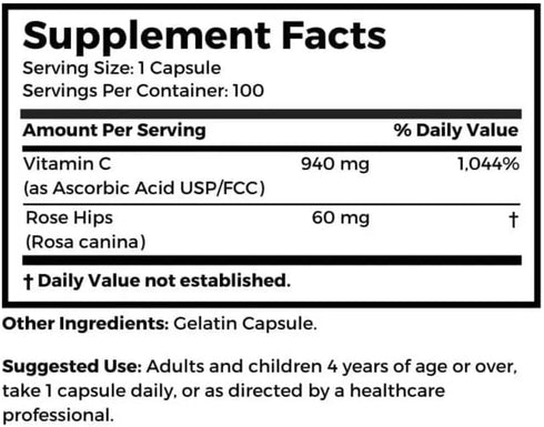 Dr. Clark Vitamin C with Rose HIPS Supplement – 1000mg, 100 Gelatin Capsules for Immune Support