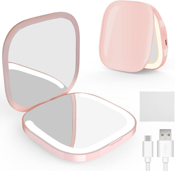 MY BEAUTY LIGHT Compact Mirror, Lighted 1X/3X Magnifying Travel Makeup Mirror, USB Charging (Pink)