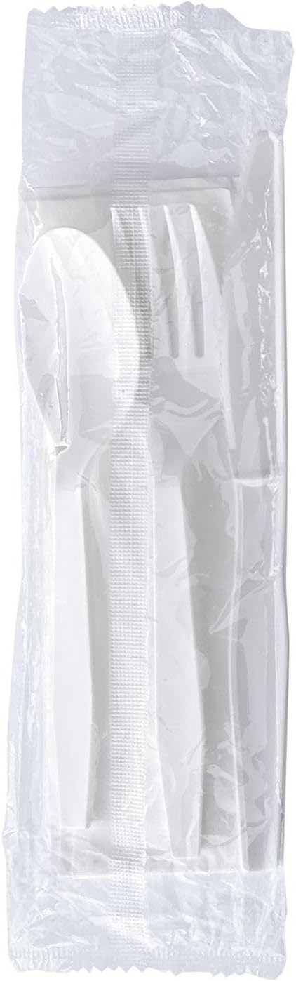 Set, 250 Boardwalk Disposable Plastic Cutlery Four Piece Silverware Kit, Case of Medium Weight Fork Knife Spoon Napkin