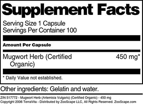 Terravita 450 (100 517772) 3 Pack Mugwort Herb (Artemisia Vulgaris) (Certified Organic) - mg Capsules, ZIN: