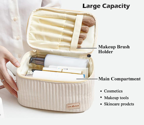 Makeup Bag, Travel Cosmetic Bag with Brush Organizer, Top Handle Makeup Case, Double-way Zipper Beauty Bag for Skincare Products and Cosmetics, Pink