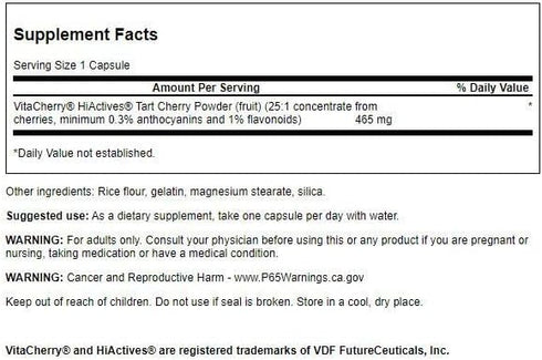 Swanson HiActives Tart Cherry - Natural Supplement Supporting Joint Health, Mobility & Flexibility - Helps Strengthen Collagen Structures & Connective Tissue - (60 Capsules, 465mg Each)