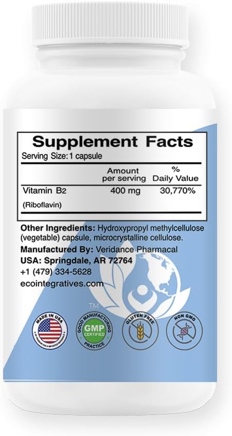 B2-400 Pure Riboflavin - Nervous System Health, Cardiovascular Support, Energy Boost, 120 Capsules