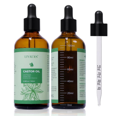 LIYALAN Pure Castor Oil - Cold Pressed Unrefined Hair Oil for Thicken Hair, Nourish Hair & Scalp, Glass Bottle, 3.38 fl