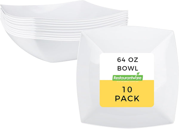 Restaurantware 64 Ounce Moderna Fancy Plastic Bowls - 10 Square Disposable Salad Bowls for Warm and Cold Foods