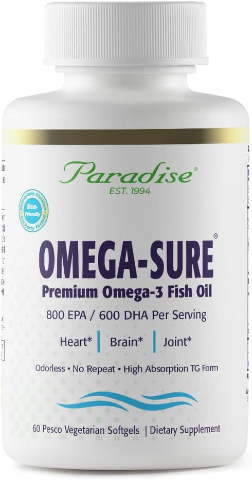 Paradise Herbs Omega-Sure, Omega-3 Concentrate, Premium Fish Oil, 60 Count Vegetarian Softgels