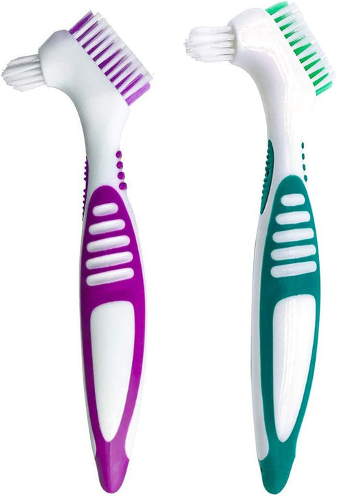 Premium Hygiene Denture Cleaning Brush Set - Multi-Layered Bristles & Ergonomic Handle for Denture Care (Purple & Green)