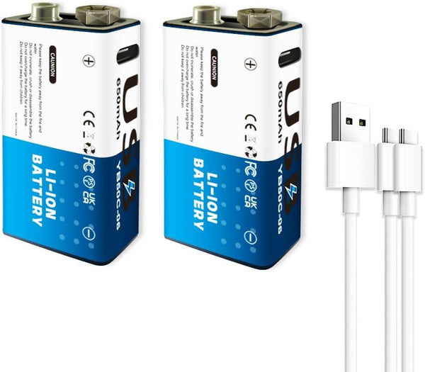 YUEBVIWIE 2 Pack USB 9V Li-ion Rechargeable Battery, High Capacity 650mAh Rechargeable 9V