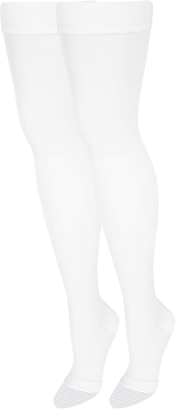 NuVein Medical Compression Stockings, 20-30 mmHg Support, Thigh Length Hose, Open Toe, White, Medium for Women & Men.