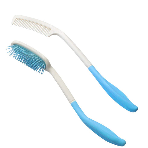 Long Reach Handled Comb and Hair Brush Set for Elderly, Hand-Disabled (Blue) - No Need to Lift Hand