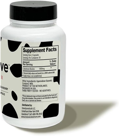 MOOVE 1,000mg, Immune 60ct Bovine Colostrum Capsules Grass-Fed Dutch Cows, & Gut Support, Natural Protein, Superfood