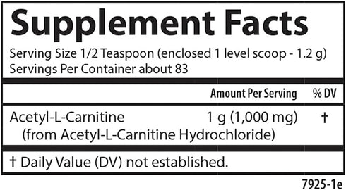 Carlson Acetyl L-Carnitine Powder, Free-Form Amino Acid for Cognitive Health, Brain Function & Muscle Support, 3.53 oz