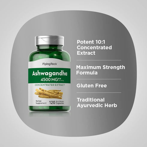 Piping Rock Ashwagandha Capsules 4500mg | 120 Count | Concentrated Root Extract with Black Pepper | Non-GMO, Gluten Free