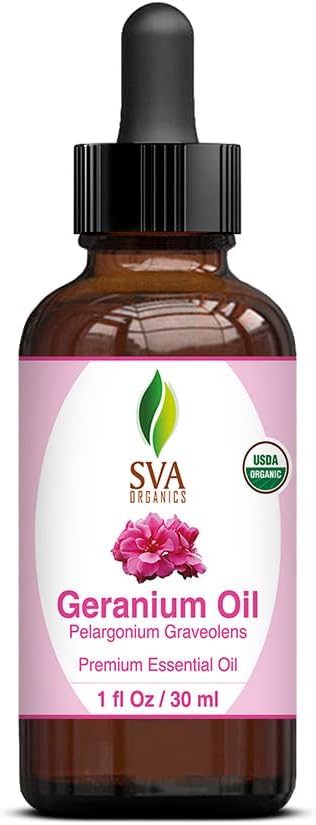 SVA Geranium Essential Oil Organic – 1 Fl Oz – 100% Natural Organic Geranium Oil for Diffuser, Hair Care, Face, Skin