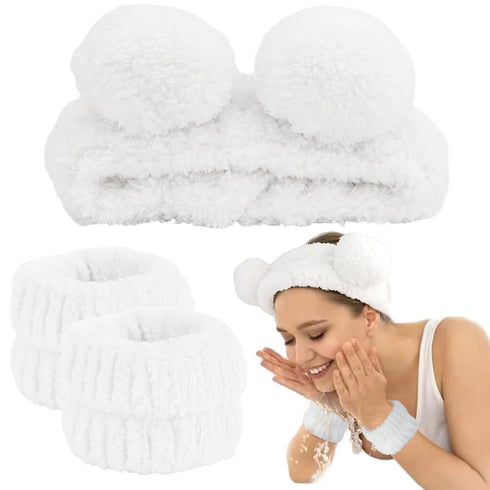 AHONEY Spa Bear Ears Headband Set, Cute Makeup & Skincare Wristbands for Washing Face, Elastic Hair Band (White)