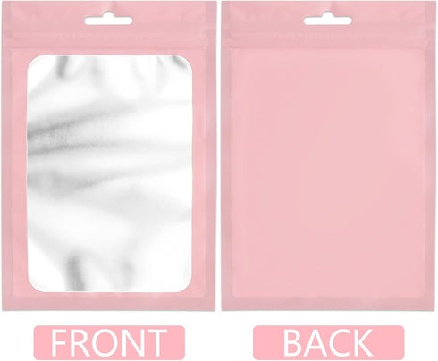 100 Pieces Resealable Mylar Bags with Zipper and Clear Window Smell Proof Bags Packaging Bags Foil Pouch Zip Bags for Food Self Sealing Storage Supplies (Pink, 3.14x5.11 inches)