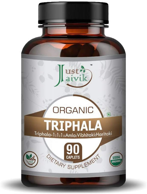 Just Jaivik Organic Triphala (Amla + Bibhitaki + Haritaki) Tablets - A Dietary Supplements - 750 mg (Pack 90 Organic Tablets) | Balancing Formula for Detoxification & Rejuvenation