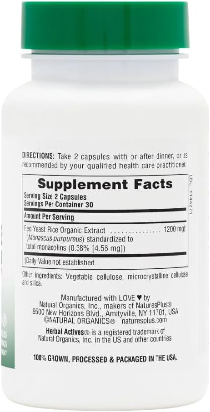 Natures Plus Herbal Actives Red Yeast Rice - 1200 mg, 60 Vegan Capsules - Cholesterol Support