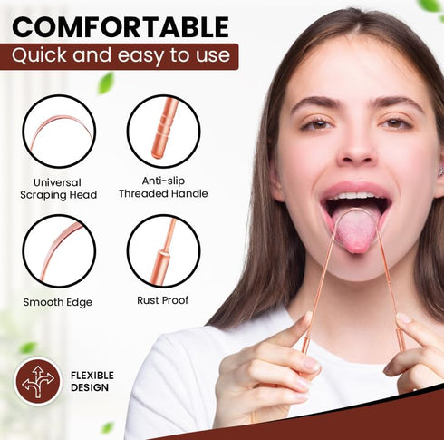 Tongue Scraper Cleaner with Copper Metal - Dentist Recommended Oral Hygiene Kit for Adults, Pack of 2
