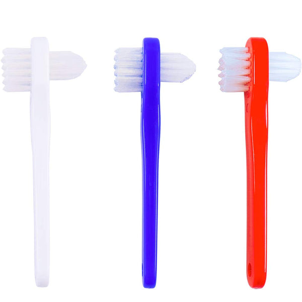 OASISGUEST Denture Cleaning Brush Set, T-Shaped Special Toothbrush, Hard Toothbrush for Denture Care (Blue, Red, White).
