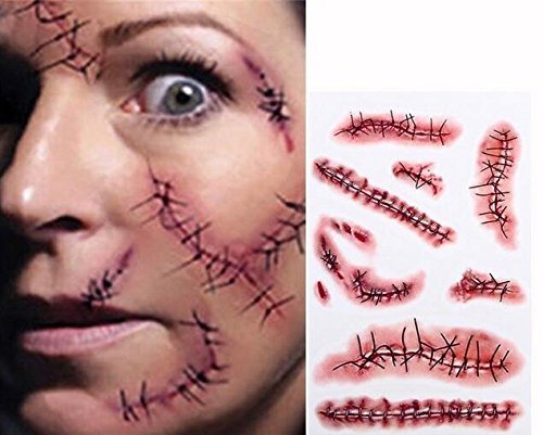Tinuos Horror Realistic Fake Bloody Wound Stitch Scar Scab Temporary Tattoo Sticker for Halloween Masquerade