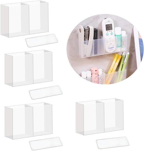 4PCS Medium Wall Mount Storage Box, 4 Compartment Transparent Plastic Makeup Brush Lipstick Holder, Self-Adhesive
