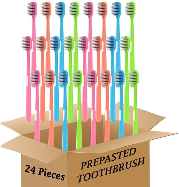 Colorful Prepasted Toothbrushes - Soft Bristles Adult Size Disposable Travel Toothbrush (24 Pieces)