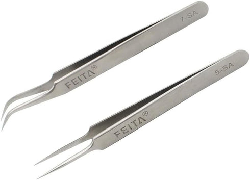 Professional Tweezers Set - FEITA Precision Tweezers with Travel Case - Silver 7Pcs