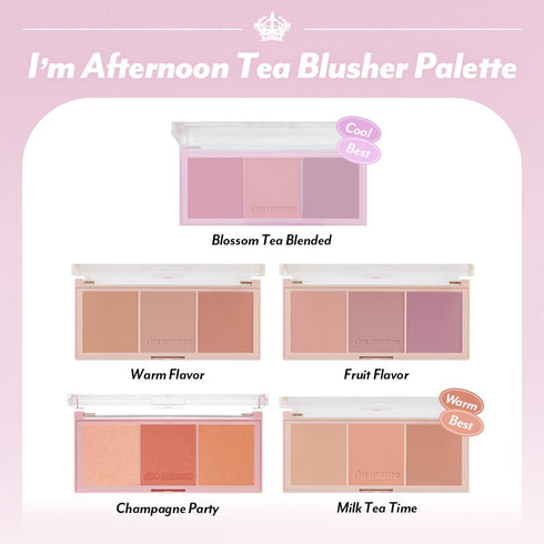 I'M MEME Blusher Palette - Afternoon Tea Warm Flavor with Soft Pink, Peach, Lavender, 3 Shades, Matte Powder