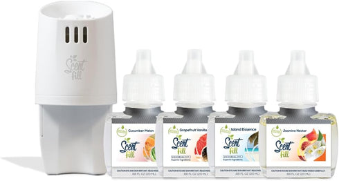 Summer Scent Fill Plug in Air Freshener Kit, 4 Refills + Diffuser (Cucumber Melon, Grapefruit Vanilla, Island Essence)