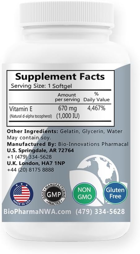 BioInnovations Pharmacal Bio-E 1000 IU All Natural Vitamin E Mixed Tocopherols Antioxidant for Skin, Hair, Immune
