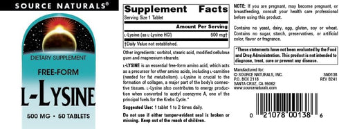 Source Naturals L-Lysine Free Form Amino Acid Supplement, 500 mg, 50 Tablets, Supports Energy & Collagen