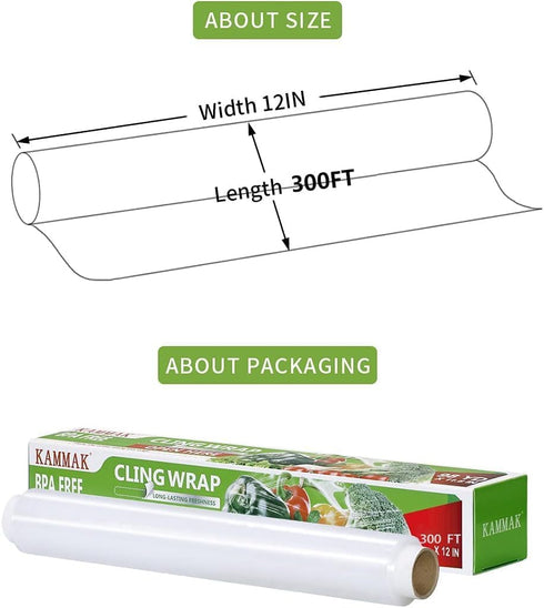 KAMMAK 12 inch 2 Pack 300 Plastic Wrap, Food Wrap with Slide Cutter, Cling Wrap Food Service Clear Cling Film Square FT