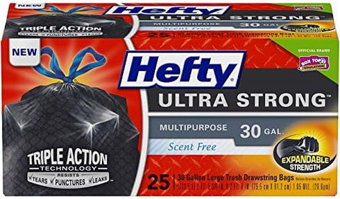 Hefty Ultra Strong Large Trash Bags (Multipurpose, Scent Free, Drawstring, 30 Gallon, 25