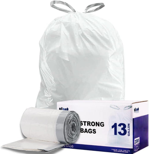 Plasticplace 13 Gallon Trash Bags, 1.2 Mil White Drawstring Garbage Can Liners, 24"x27, 100 Count