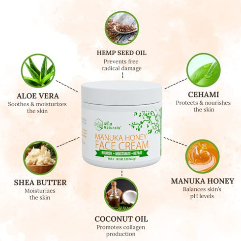 Wild Naturals Manuka Honey Cream Moisturizer for Dry Skin - Soothing Face Cream for Sensitive Skin, Hand & Body