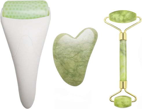 3 in 1 Jade Roller and Gua Sha Tool - Natural Anti-Wrinkle Face Massager for Eye, Neck, and Skin Care