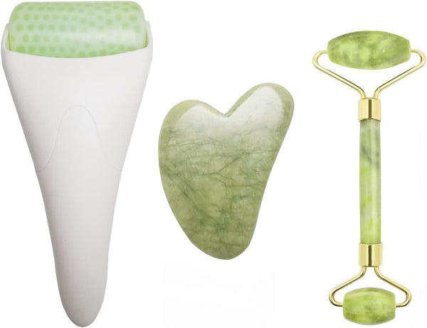3 in 1 Jade Roller and Gua Sha Tool - Natural Anti-Wrinkle Face Massager for Eye, Neck, and Skin Care