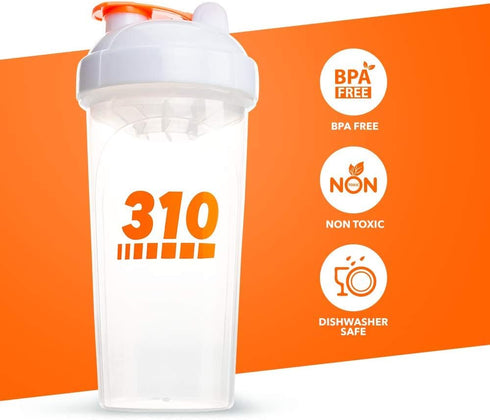 310 Nutrition Protein Shaker Bottle, Meal Replacement Blender Cup for Mixing Protein Powders, Clear w/White Lid