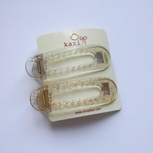 Lay Down Hair Claw, 2-Pack Strong Clip Teeth for Thick & Thin Hair, Clear & Gold Sparkle