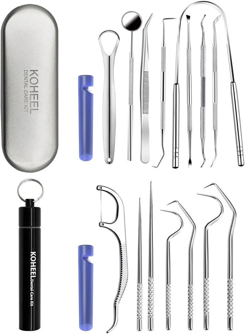 KOHEEL Dental Tools Set, 8 Count Teeth Cleaning Tools, Metal Case, Oral Care Hygiene Kit & Toothpicks