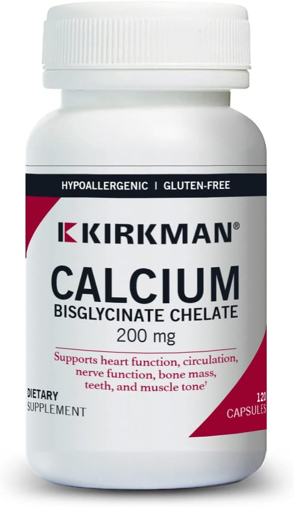 Kirkman Calcium Bisglycinate Chelate 200mg, 120 Capsules, Without Vitamin D3, Hypoallergenic, Strong Bones Support