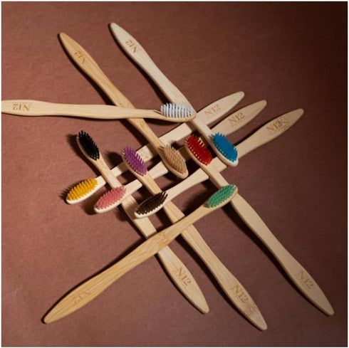 N12 Family-Friendly Pack of 10 Bamboo Toothbrushes, Multicolored BPA-Free Bristol, Eco-Friendly, Biodegradable Oral Care