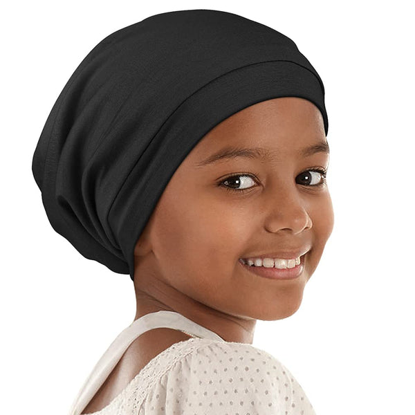 Kids Beanie Sleep Hats, Adjustable Black Bonnet for Night Sleeping Skull Cap to Keep Hair Smooth