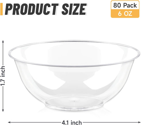 Qeirudu 6 oz Hard Plastic Bowls, 80 Pack Disposable Clear Plastic Dessert Bowls Party Serving Bowls for Ice Creams, Fruits, Salad, Yogurt Parfait, Snacks by Qeirudu