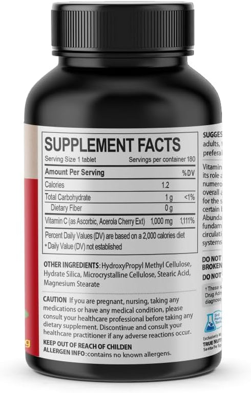 Acerola Cherry Vitamin C 1000mg - Immune Support - 180 Tablets