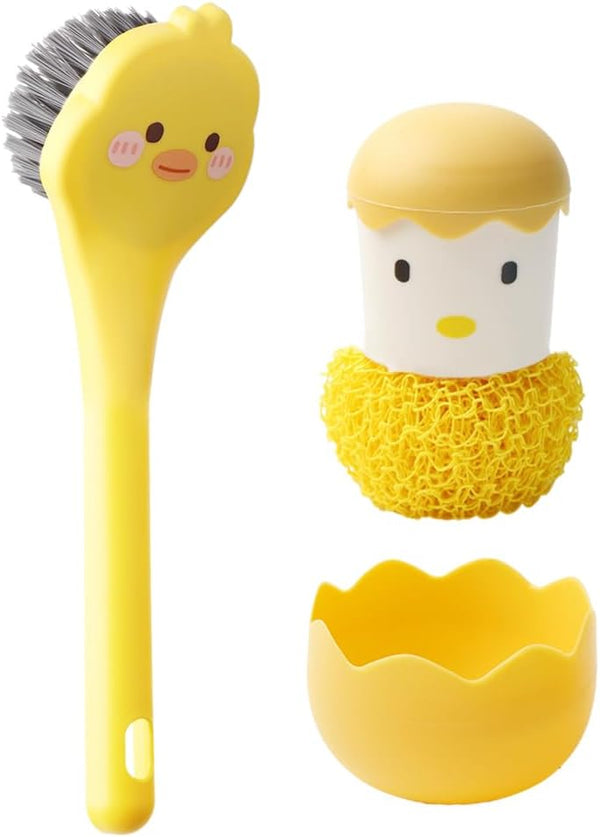 2 PCS Yellow Duck + Yellow Chicken Dish Brush Handle, Built-in Scraper for Pans, Pots, Kitchen Cleaning
