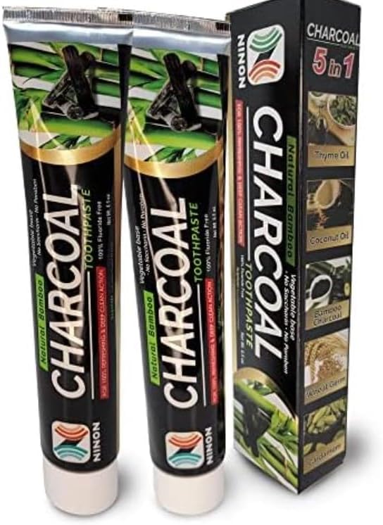 Ninon Charcoal Toothpaste (6.5oz) 2 Pack- 100% Fluoride Free - No Saccharin -